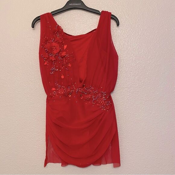 WEISSMAN Balera solo custom Dance costume red Mesh Overlay Dress D12770 LC child - Picture 3 of 15